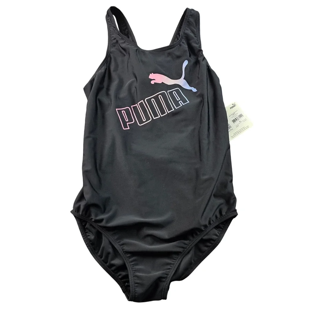PUMA One-Piece Swimsuit Girls XL  Black Solid Stretch Racerback Keyhole SSP23V8S